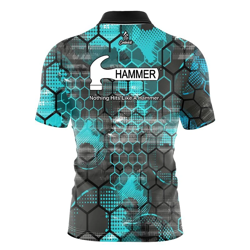 Hammer Teal Honeycomb Quick Ship CoolWick Sash Zip Bowling Jersey 2 Hammer Teal Honeycomb Quick Ship CoolWick Sash Zip Bowling Jersey - Image 2