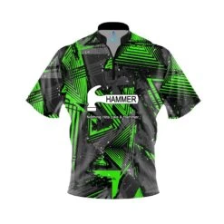 Hammer Green Triangles Quick Ship CoolWick Sash Zip Bowling Jersey